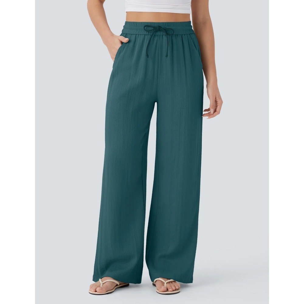 Halara High Waisted Drawstring Wide Leg Baggy Casual Linen-Feel Pants Size L